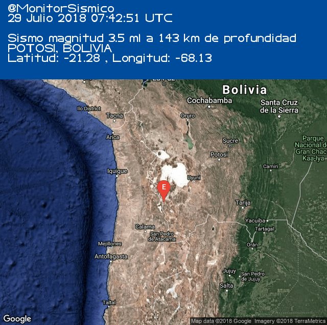 #Sismo M 3.5 POTOSI, #BOLIVIA. 29-07-2018 07:42 UTC #Temblor #CSEM #EMSC ...