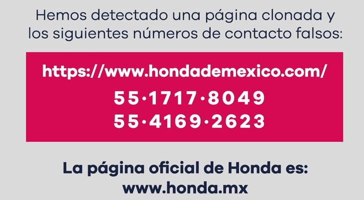 Alertan sobre página "pirata" de Honda, es usada para fraudes cibernéticos
