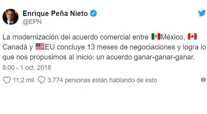 Tunden en twitter a Enrique Peña Nieto luego de que festejara por el USMCA
