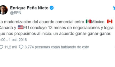 Tunden en twitter a Enrique Peña Nieto luego de que festejara por el USMCA
