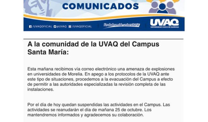 Universidad Vasco de Quiroga en Morelia también recibió amenaza de explosivos