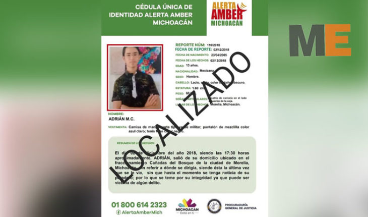 translated from Spanish: Minor is located was reported as missing in Morelia