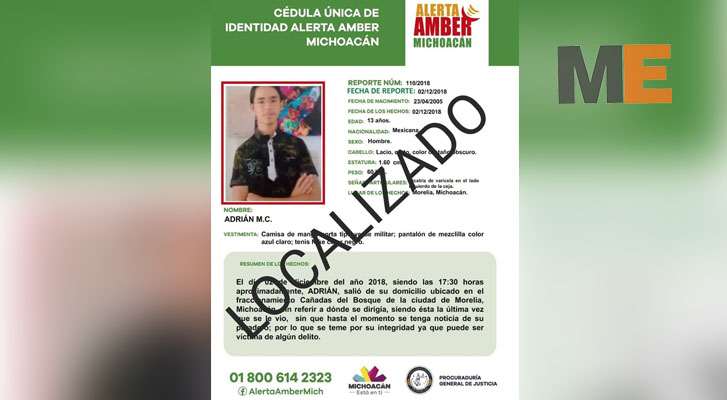 Minor is located was reported as missing in Morelia