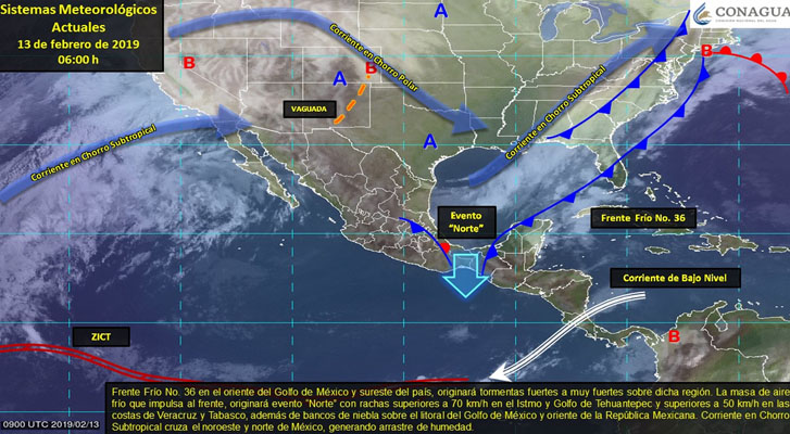 Evento “Norte” en el Golfo de México e Istmo de Tehuantepec, lluvias en el sureste de México