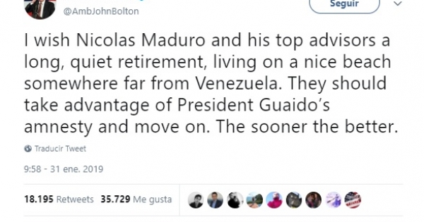 Washington advirtió a Maduro que si no abandona el poder “cuanto antes” podría jubilar “en una zona playera como la de Guantánamo”