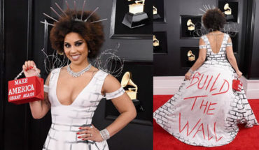translated from Spanish: The Grammy Awards, the American singer Joy Villa wears a dress with the legend: “Build the wall”