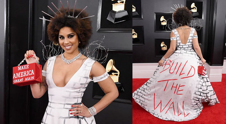 The Grammy Awards, the American singer Joy Villa wears a dress with the legend: "Build the wall"