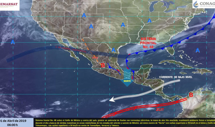 Potencial de lluvias en el Golfo de México y sureste del país, tormentas en Chiapas y Tabasco