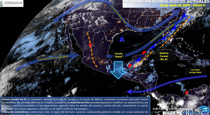 Tormentas fuertes en el sureste y Península de Yucatán, incremento de la temperatura en el noreste y oriente del país