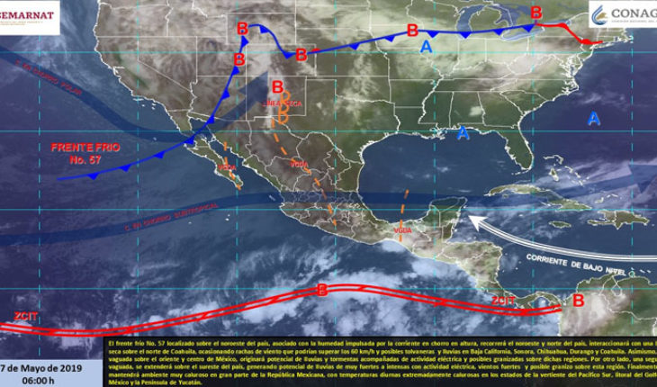 translated from Spanish: Rains in southeastern Mexico, very hot atmosphere in much of the country