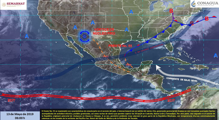 Storms in northern Mexico, showers in Oaxaca and Chiapas, very hot atmosphere in the rest of the country