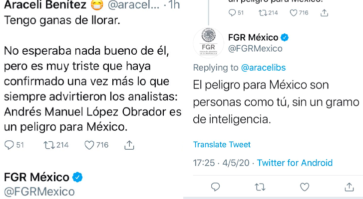 FGR contesta a usuaria por criticar a AMLO “El peligro para México son personas como tú”