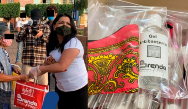 translated from Spanish: With logo and name, DEPUTY of the PT distributes pantries in Uruapan, Michoacán