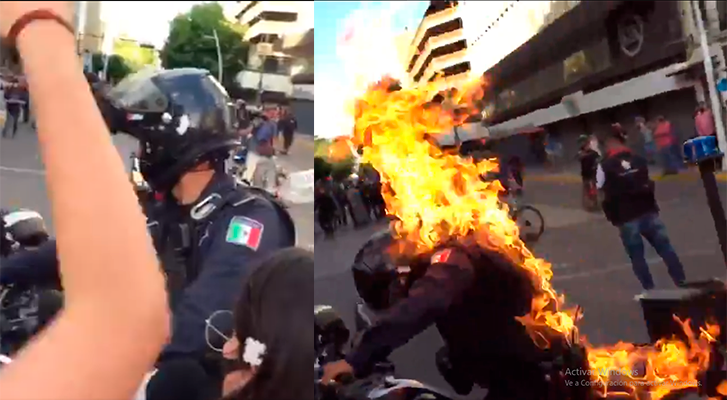 Un Joven prende fuego a oficial, en manifestación de Guadalajara (Video)