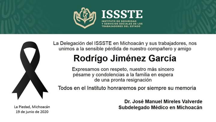 ISSSTE mourns the death of Dr. Rodrigo Jiménez; invites you not to let your guard down before Covid-19