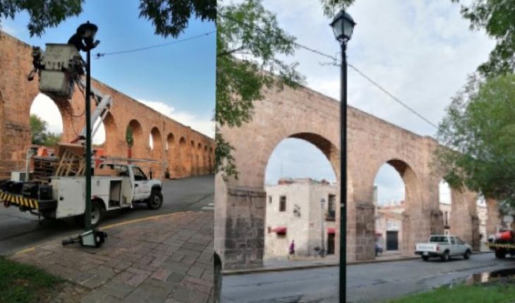 translated from Spanish: Lighting fixtures continue in Aqueduct section in Morelia, Michoacán