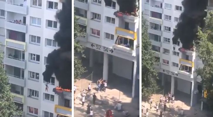 Miraculous rescue of two children dropped from a burning apartment (Video)