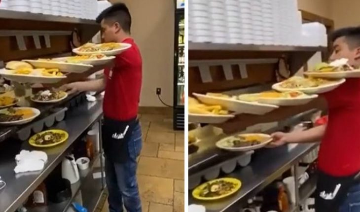 Mesero causa asombro al mostrar su gran habilidad de llevar los platos (Video)