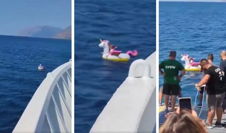 translated from Spanish: Boat Crew Rescues Girl Who Walked Away from Beaches in a Unicorn Float (Video)