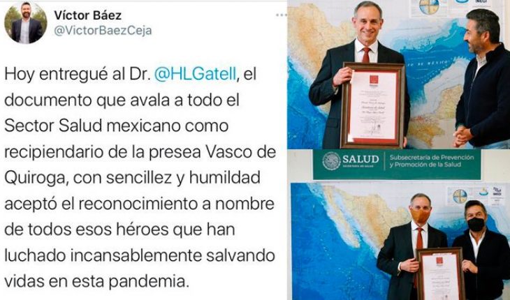 translated from Spanish: Edil de Pátzcuaro Víctor Báez, goes to the CDMX to deliver presea to Hugo López-Gatell