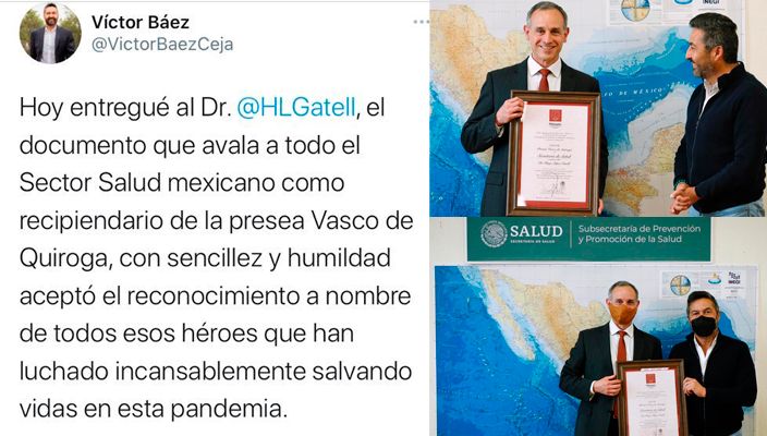 Edil de Pátzcuaro Víctor Báez, goes to the CDMX to deliver presea to Hugo López-Gatell