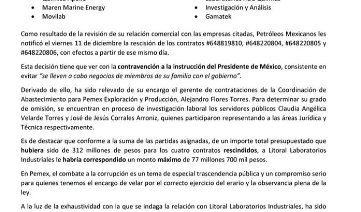 Pemex rescinde 4 contratos para la prestación de diversos servicios a compañías asociadas con Litoral Laboratorios Industriales