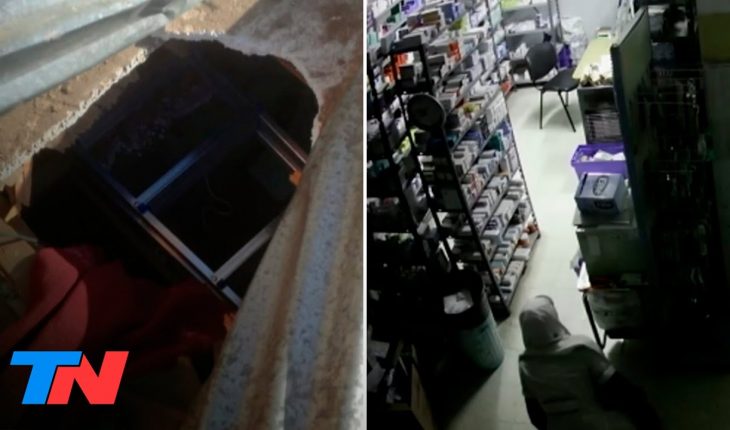 Video: Un boquetero rompió el techo y entró a robar en una farmacia de Cañuelas