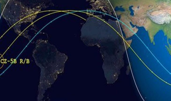 translated from Spanish: Chinese long march 5B CZ-5B rocket trajectory worldwide