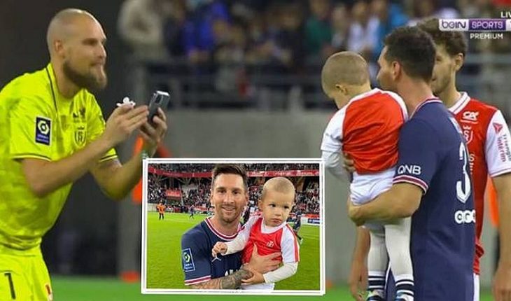 translated from Spanish: [VIRAL] Reims goalkeeper asks for a photo with his son to Messi after his debut for PSG