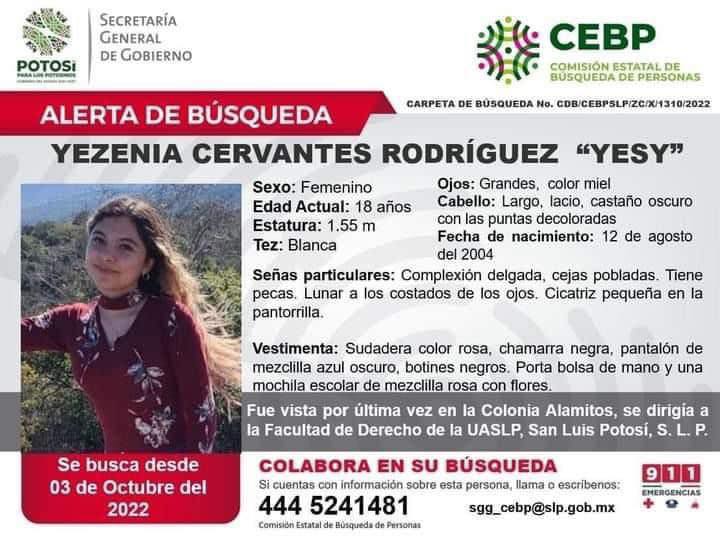 Yesenia Cervantes, estudiante de SLP, está reportada como desaparecida