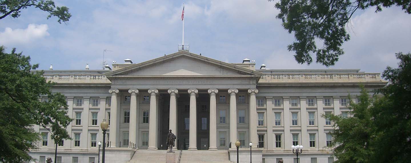 Techo de deuda en EEUU. Imagen de la fachada de la sede principal del Departamento del Tesoro de EEUU en Washington D.C