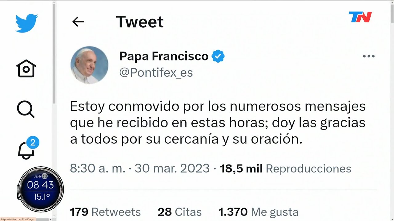 El tuit del Papa Francisco desde el hospital: “Estoy conmovido por los mensajes y las oraciones”