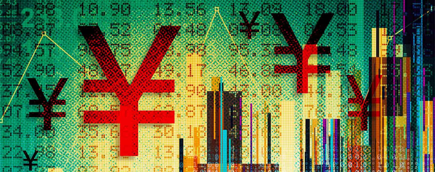 Ilustración financiera digital compuesta con símbolos del yen.